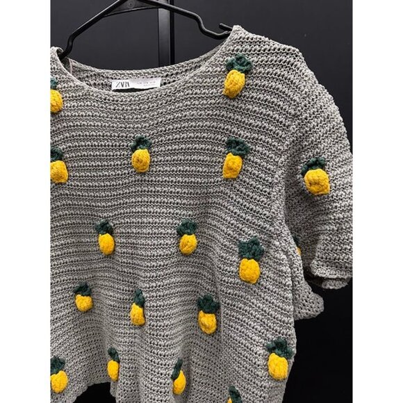 Zara Steel Grey Pineapple Applique Crewneck Crochet Top - Picture 3 of 6